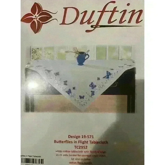 Rare Duftin Cross Stitch Tablecloth Kit 35.5x35.5 Cotton Butterflies White New - Picture 1 of 5
